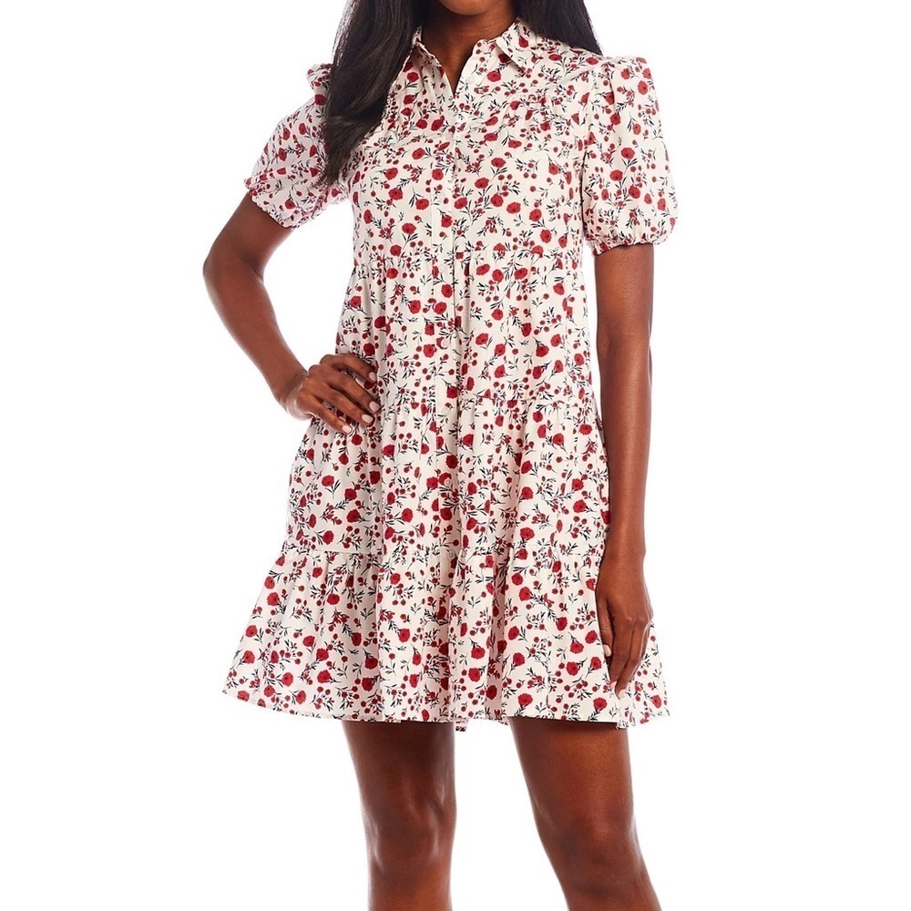 Eliza J Floral Print A-Line Point Collar Short Sleeve Swing Shirt Dress